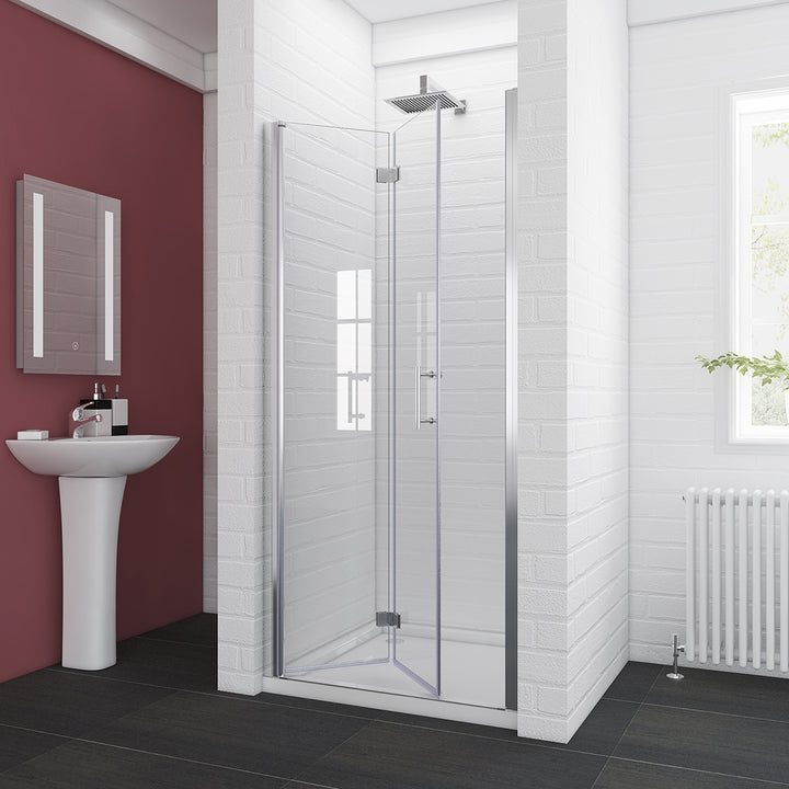 Bathtub 30 in. x 72 in. Semi-Frameless Bi-Fold Pivot Shower Glass Door, Clear Glass with Handle, Chrome