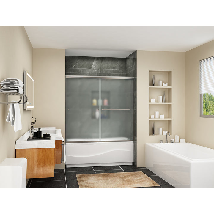 57 in. x 60 in. Semi-Frameless Double Sliding Door, frosted Glass in Brushed Nickel