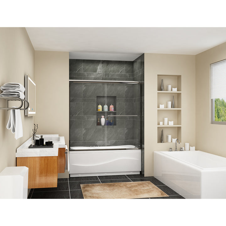 Bathtub 60 in. x 57 in. Semi Frameless Double Sliding Door, Shower Cubicle with Handle, Brushed Nickel